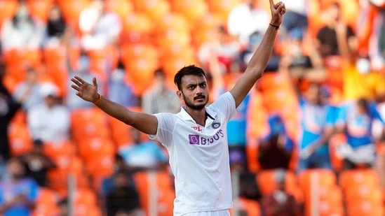 India's Axar Patel celebrates the dismissal during 2nd day of the 3rd Test Match in the series between India and England at Narendra Modi Stadium, Motera in Ahmedabad on Thursday.(ANI Photo/ICC Twitter)