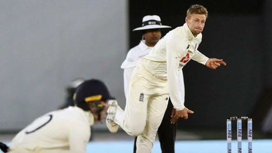England's Joe Root bowls during the 2nd day of the 3rd Test Match against England in Ahmedabad(ECB / Twitter)