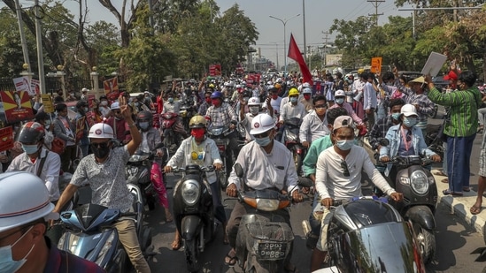 Anti-coup protesters during a street march in Mandalay on February 25.(AP)