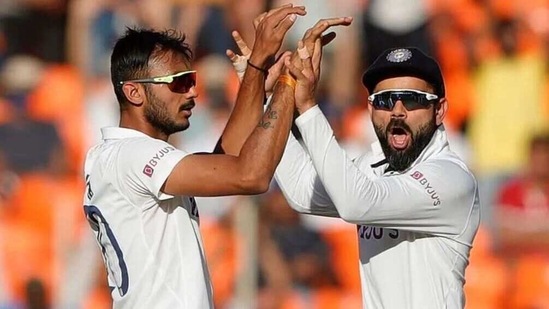 Left-arm off-spinner Axar Patel takes the third five-wicket of his Test career on the second day of the third Test against England in Ahmedabad. (BCCI)
