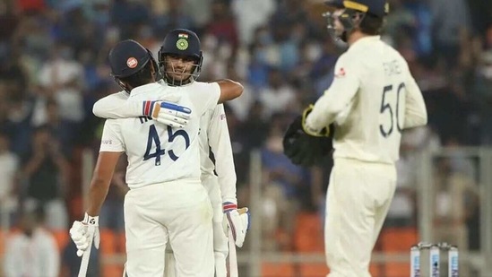 Indian openers Rohit Sharma and Shubman Gill congratulate each other after defeating England by 10 wickets in the 3rd Test in Ahmedabad. (BCCI)