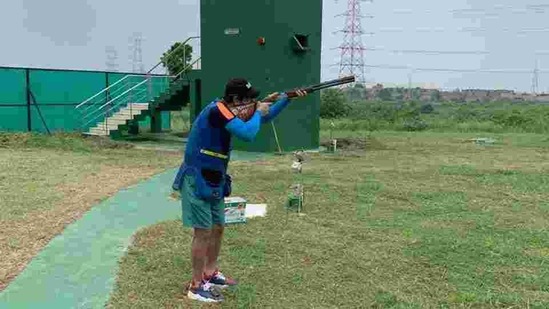 Skeet shooter Mairaj Ahmad Khan training at the Karni Singh Shooting range.(HT Photo) Skeet shooter Mairaj Ahmad Khan training at the Karni Singh Shooting range.(HT Photo)