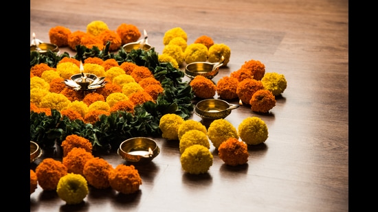 A festive flower rangoli with marigolds. (Shutterstock) A festive flower rangoli with marigolds. (Shutterstock)