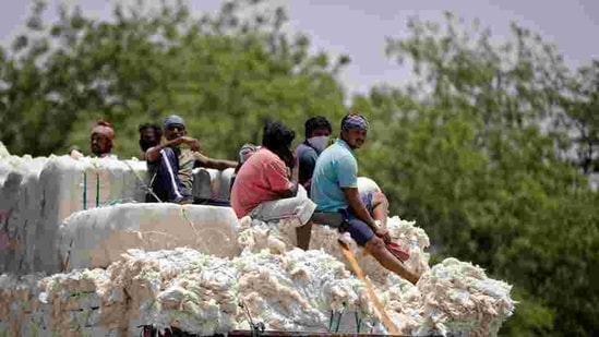 Workers sit on cotton bales being transported. The bales were packed into 42 wagons and sent to the neighbouring country via Kolkata.(REUTERS)
