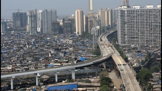 An aerial view of the Mumbai Metro 2A at Kandivli, in Mumbai, on Thursday. (Satish Bate/HT Photo)