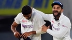 India's Washington Sundar and Virat Kohli celebrate the dismissal of England's James Anderson during the 2nd day of the 3rd Test Match in the series between India and England at Narendra Modi Stadium, Motera in Ahmedabad on Thursday. (ANI Photo/BCCI Twitter) India's Washington Sundar and Virat Kohli celebrate the dismissal of England's James Anderson during the 2nd day of the 3rd Test Match in the series between India and England at Narendra Modi Stadium, Motera in Ahmedabad on Thursday. (ANI Photo/BCCI Twitter)
