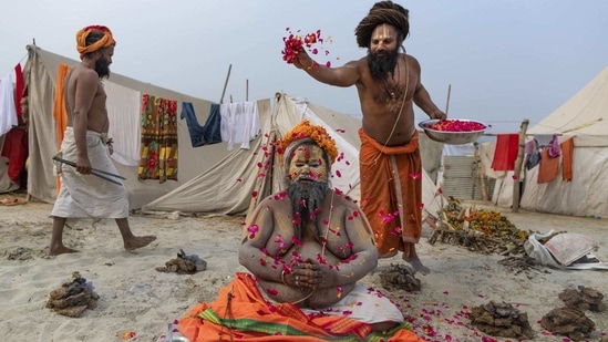 A sadhu or Holy man prays as others shower flower petals on him during Magh Mela festival, in Prayagraj, India Tuesday, Feb. 16, 2021.(AP)