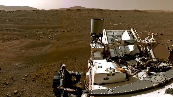 A portion of a panorama made up of individual images taken by the Navigation Cameras, or Navcams, aboard NASA’s Perseverance Mars rover shows the Martian landscape on February 20.(NASA / JPL-Caltech via REUTERS)