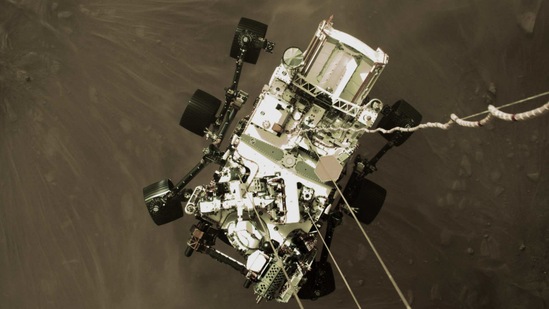 A high-resolution still image from a video taken by several cameras as NASA’s Perseverance rover touched down on Mars. A key objective of Perseverance's mission on Mars is astrobiology, including the search for signs of ancient microbial life.(NASA / JPL-Caltech)