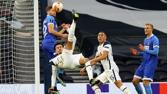 Tottenham's Dele Alli kicks the ball to score his side's first goal during the Europa League round of 32 second leg soccer match between Tottenham Hotspur and Wolfsberger AC.(AP) Tottenham's Dele Alli kicks the ball to score his side's first goal during the Europa League round of 32 second leg soccer match between Tottenham Hotspur and Wolfsberger AC.(AP)