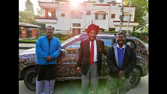Ahmer Siddiqui and Siddhartha Dutta with Milkha Singh in Punjab. Ahmer Siddiqui and Siddhartha Dutta with Milkha Singh in Punjab.