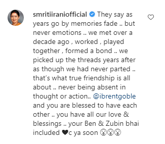 The image shows Smriti Irani's reply to Aashka Goradia. (Instagram/@aashkagoradia)