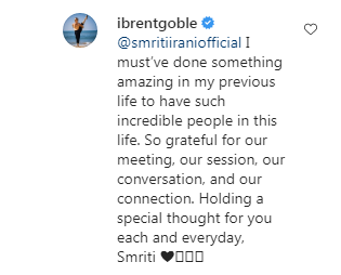 The image shows Brent Goble's reply to Smriti Irani. (Instagram/@aashkagoradia)