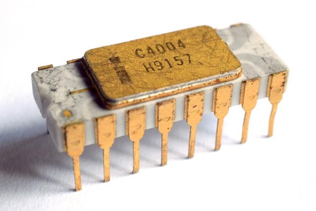 The one that started it all. The 4004 chip was a general-purpose mini-computer that fit on to a slice of silicon. The latest versions are smaller and thousands of times faster. (Intel) The one that started it all. The 4004 chip was a general-purpose mini-computer that fit on to a slice of silicon. The latest versions are smaller and thousands of times faster. (Intel)