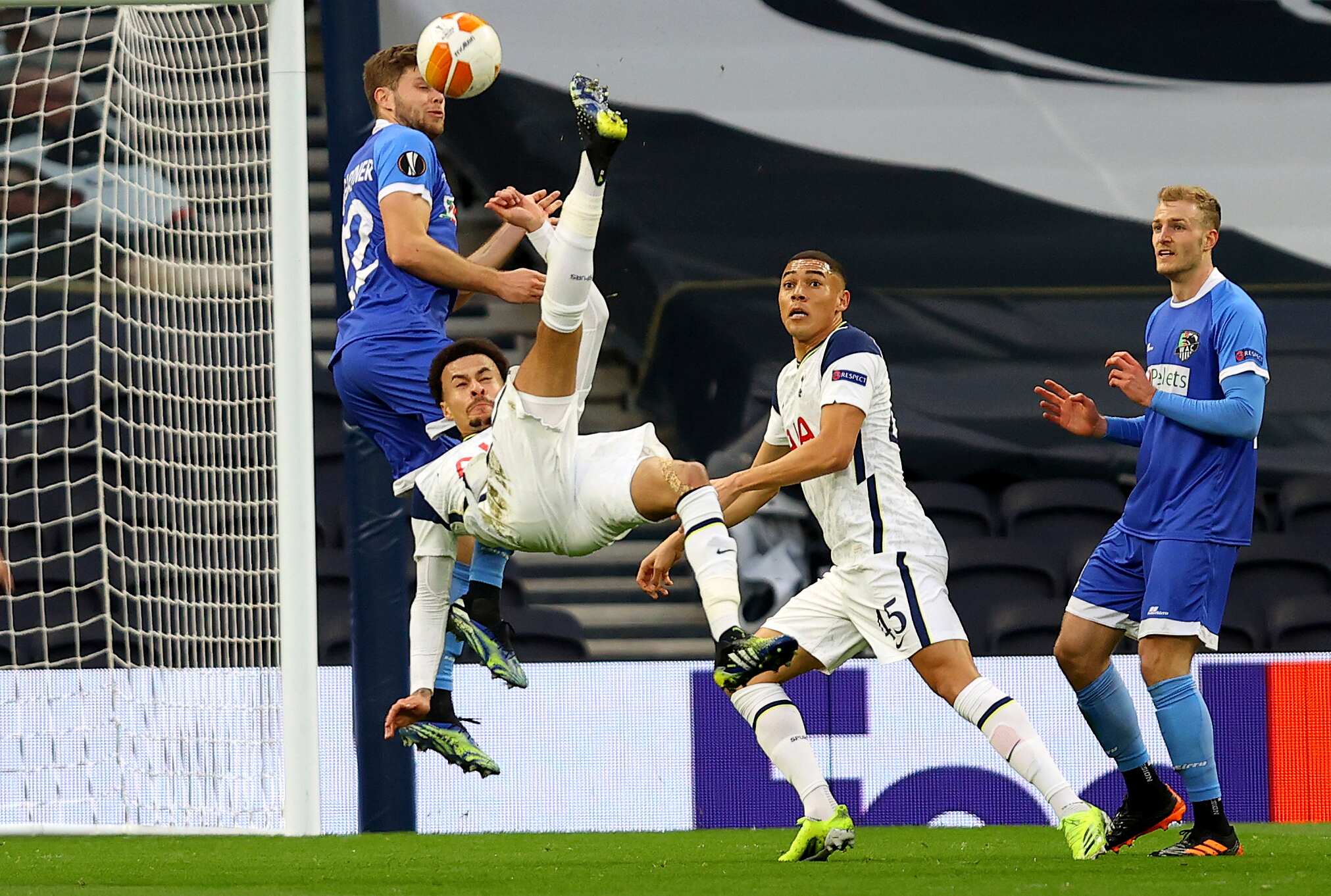 Tottenham's Dele Alli kicks the ball to score his side's first goal during the Europa League round of 32 second leg soccer match between Tottenham Hotspur and Wolfsberger AC.(AP) Tottenham's Dele Alli kicks the ball to score his side's first goal during the Europa League round of 32 second leg soccer match between Tottenham Hotspur and Wolfsberger AC.(AP)