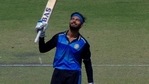 Prerak Mankad celebrates his century. (BCCI) Prerak Mankad celebrates his century. (BCCI)