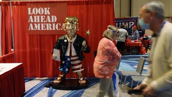 A gold statue of former President Donald Trump is on display at the Conservative Political Action Conference being held in the Hyatt Regency on February 26, 2021 in Orlando, Florida.(AFP)