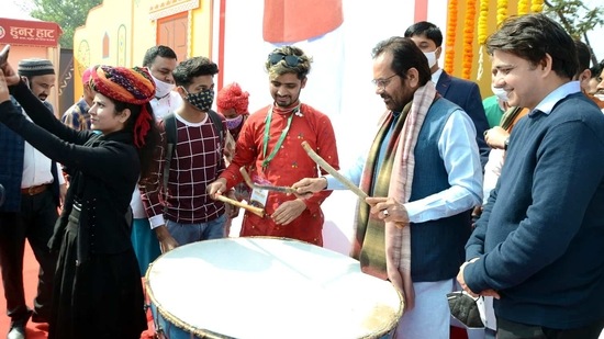 Union Minority Affairs Minister Mukhtar Abbas Naqvi beating a drum during the inauguration of Hunar Haat, in New Delhi. (ANI Photo) Union Minority Affairs Minister Mukhtar Abbas Naqvi beating a drum during the inauguration of Hunar Haat, in New Delhi. (ANI Photo)