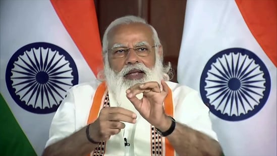 Prime Minister Narendra Modi addresses during The India Toy Fair 2021 through video conferencing in New Delhi on Saturday. (ANI Photo)