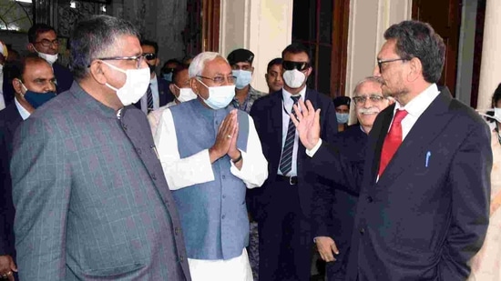 Bihar Chief Minister Nitish Kumar greets Chief Justice of India Sharad Arvind Bobde; Union Law Minister Ravi Shankar Prasad was also present during the inaugural function of the Shatabdi Bhawan at the High Court in Patna. (ANI PHOTO).