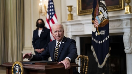 U.S. President Joe Biden in the State Dining Room of the White House in Washington, DC, US, on Wednesday, Feb. 24, 2021. Biden revoked a proclamation from his predecessor that blocked many green card applicants from entering US.(Bloomberg) U.S. President Joe Biden in the State Dining Room of the White House in Washington, DC, US, on Wednesday, Feb. 24, 2021. Biden revoked a proclamation from his predecessor that blocked many green card applicants from entering US.(Bloomberg)