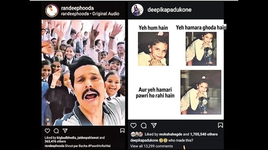 (From left) A screenshot from Randeep Hooda’s #pawrihorahihai video; A meme shared by Deepika Padukone along the same theme (From left) A screenshot from Randeep Hooda’s #pawrihorahihai video; A meme shared by Deepika Padukone along the same theme