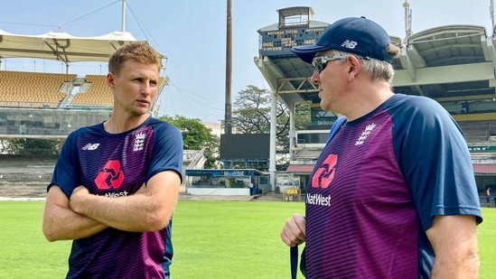 England's captain Joe Root with team coach Chris Silverwood during a training session at MA Chidambaram Stadium, Chennai.(PTI) England's captain Joe Root with team coach Chris Silverwood during a training session at MA Chidambaram Stadium, Chennai.(PTI)