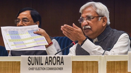Chief election commissioner Sunil Arora announces schedule for Assembly polls in 4 states and union territory of Puducherry during a press conference in New Delhi on Friday.(PTI Photo) Chief election commissioner Sunil Arora announces schedule for Assembly polls in 4 states and union territory of Puducherry during a press conference in New Delhi on Friday.(PTI Photo)