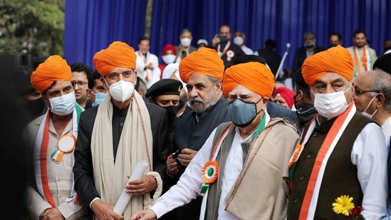 Jammu: Congress leaders Ghulam Nabi Azad, Anand Sharma, Kapil Sibal, Bhupinder Singh Hooda and Raj Babbar during a 'Shanti Sammelan' event in Jammu on Saturday.(PTI)