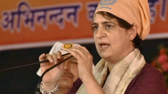 Varanasi: Congress leader Priyanka Gandhi speaks on the occasion of Ravidas Jayanti, at Sant Ravidas temple in Varanasi, Saturday, Feb. 27, 2021. (PTI Photo)(PTI02_27_2021_000135B)(PTI) Varanasi: Congress leader Priyanka Gandhi speaks on the occasion of Ravidas Jayanti, at Sant Ravidas temple in Varanasi, Saturday, Feb. 27, 2021. (PTI Photo)(PTI02_27_2021_000135B)(PTI)