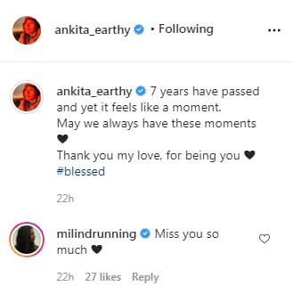 Milind Soman's comment on the post (Instagram/ankita_earthy)