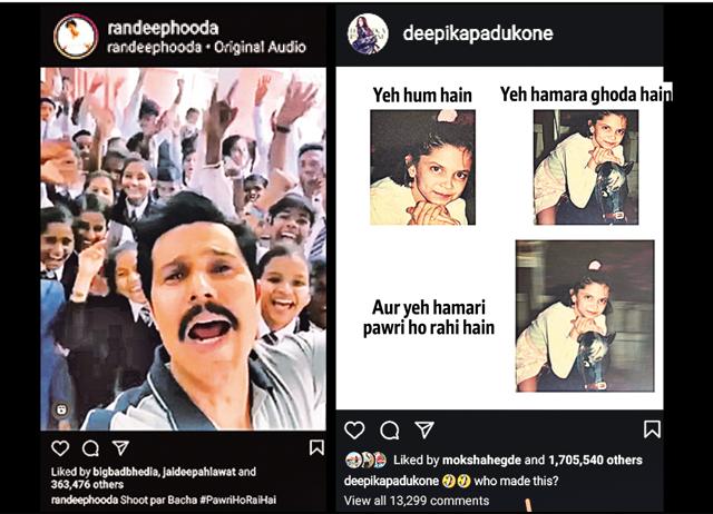 (From left) A screenshot from Randeep Hooda’s #pawrihorahihai video; A meme shared by Deepika Padukone along the same theme (From left) A screenshot from Randeep Hooda’s #pawrihorahihai video; A meme shared by Deepika Padukone along the same theme