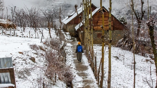 A Kashmiri boy walks homeward after attending private classes, after a brief spell of fresh snowfall in the outskirts of Srinagar on Saturday.(AP)