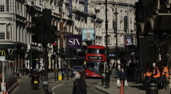 Theatres stand temporarily closed on Shaftesbury Avenue during England's third coronavirus lockdown, in London(AP)