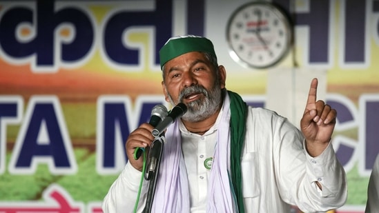 BKU leader Rakesh Tikait addresses during the ongoing farmer protest against the new farm laws at Ghazipur border, in New Delhi on Saturday. (ANI Photo ) BKU leader Rakesh Tikait addresses during the ongoing farmer protest against the new farm laws at Ghazipur border, in New Delhi on Saturday. (ANI Photo )