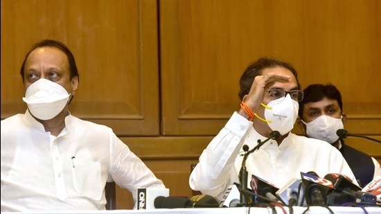 CM Uddhav Thackeray along with Dy CM Ajit Pawar addressing media on Budget Assembly Session. (Anshuman Poyrekar/HT Photo)