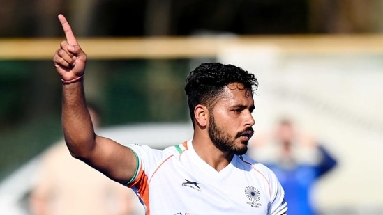 Harmanpreet Singh scores a goal.(Hockey India)