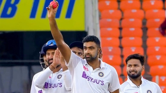 Indian bowler R Ashwin reacts on completing 400 test wickets, on the second day of the 3rd cricket test match between India and England, at Narendra Modi Stadium in Ahmedabad, Thursday, Feb. 25, 2021. Ashwin became the fastest Indian bowler to take 400 Test wickets.(PTI)