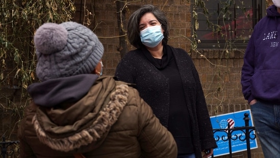 Sofia Moncayo, who leads a food distribution program through Mosaic West Queens Church in the Sunnyside neighborhood of the Queens borough of New York speaks.(AP)