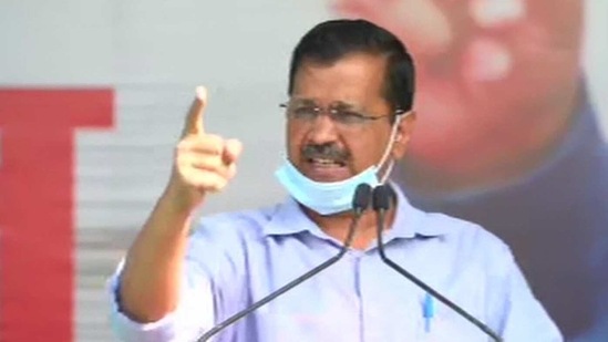 Delhi chief minister and AAP chief Arvind Kejriwal addressing th Kisan Mahapanchayat in Meerut on Sunday.(ANI Photo) Delhi chief minister and AAP chief Arvind Kejriwal addressing th Kisan Mahapanchayat in Meerut on Sunday.(ANI Photo)