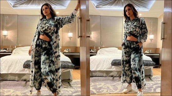 Mouni Roy gives loungewear a sexy twist in tie and dye tee-joggers with jacket(Instagram/amaeeraandvannia)