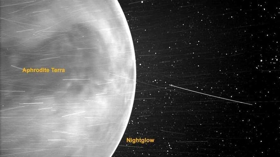 NASA’s Parker Solar Probe had an up-close view of Venus when it flew by the planet in July 2020. Some of the features seen by scientists are labeled in this annotated image. The dark spot appearing on the lower portion of Venus is an artifact from the WISPR instrument.(NASA/Johns Hopkins APL/Naval Research Laboratory/Guillermo Stenborg and Brendan Gallagher)