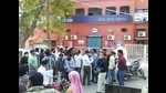 Customers outside the State Bank of India’s branch at Bazaar Number 4 in Abohar on Monday after the building was sealed on the local municipal corporation’s orders for default on paying rent. (HT Photo) Customers outside the State Bank of India’s branch at Bazaar Number 4 in Abohar on Monday after the building was sealed on the local municipal corporation’s orders for default on paying rent. (HT Photo)