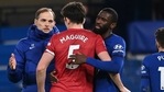 Chelsea's head coach Thomas Tuchel, left, Manchester United's Harry Maguire, centre, and Chelsea's Antonio Rudiger react after the English Premier League soccer match between Chelsea and Manchester United at Stamford Bridge Stadium in London, England.(AP) Chelsea's head coach Thomas Tuchel, left, Manchester United's Harry Maguire, centre, and Chelsea's Antonio Rudiger react after the English Premier League soccer match between Chelsea and Manchester United at Stamford Bridge Stadium in London, England.(AP)