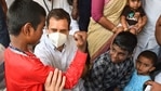 Congress leader Rahul Gandhi interacts with children in Kanyakumari on Monday.(PTI Photo) Congress leader Rahul Gandhi interacts with children in Kanyakumari on Monday.(PTI Photo)