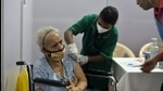 A senior citizen gets her first dose of Covid vaccine at BKC jumbo Covid centre in Mumbai on Monday. (Satish Bate/HT Photo) A senior citizen gets her first dose of Covid vaccine at BKC jumbo Covid centre in Mumbai on Monday. (Satish Bate/HT Photo)