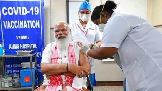 Indian Prime Minister Narendra Modi is administered a Covid-19 vaccine in New Delhi on Monday, March 1, 2021.(AP Photo)