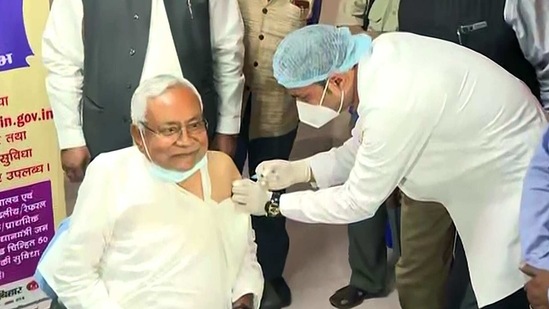 Bihar Chief Minister Nitish Kumar receives the first dose of Covid-19 vaccine, in Patna on Monday. (ANI Photo)