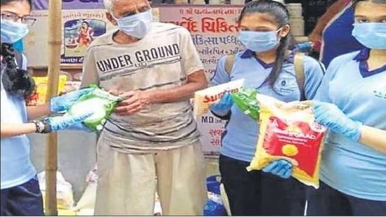 The students contributed food items like wheat flour, pulses, oil, rice, sugar, spices etc. The students contributed food items like wheat flour, pulses, oil, rice, sugar, spices etc.