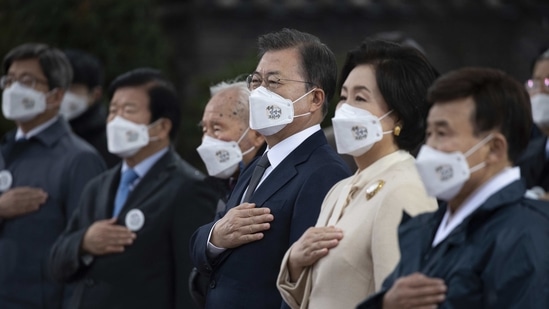 South Korean President Moon Jae-in, third right, and his wife Kim Jung-sook, second right, attend at a ceremony to mark the 102nd anniversary of the March First Independence Movement Day, the anniversary of the 1919 uprising against Japanese colonial rule in Seoul, South Korea(AP) South Korean President Moon Jae-in, third right, and his wife Kim Jung-sook, second right, attend at a ceremony to mark the 102nd anniversary of the March First Independence Movement Day, the anniversary of the 1919 uprising against Japanese colonial rule in Seoul, South Korea(AP)